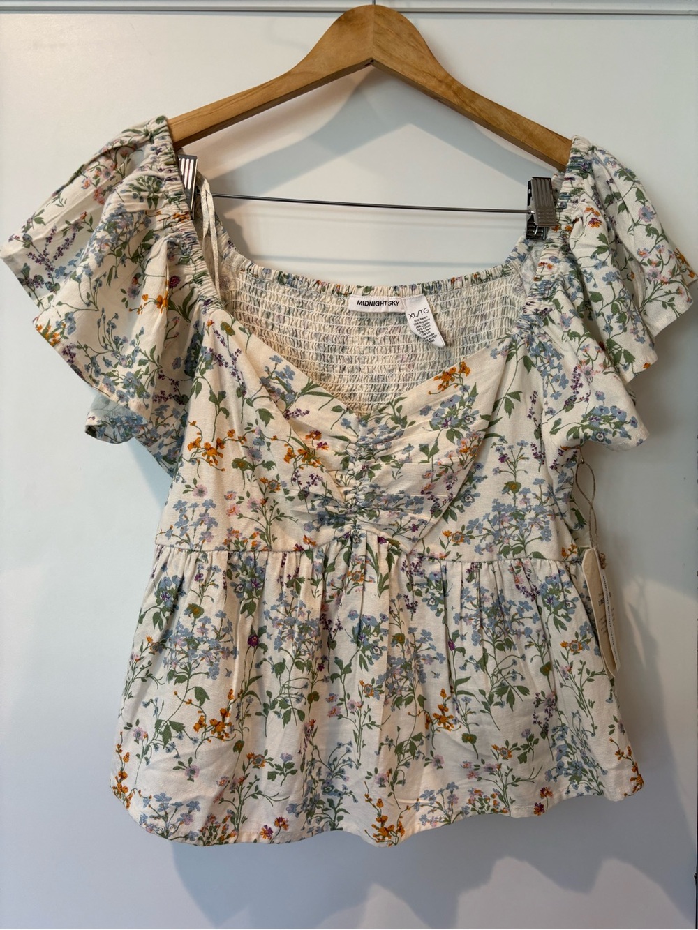 Midnight Sky linen cotton blend floral ruffle sleeve blouse NEW with tags  XL
